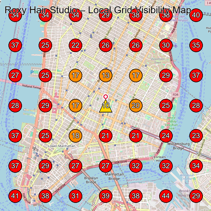 Roxy Hair Studio GeoGrid visibility map for Hair Salon in New York
